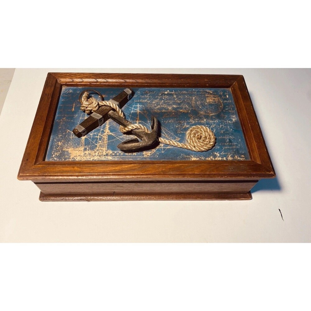 Vintage Men's Nautical Wooden Jewelry Box  Metal Anchor Map Napcoware Coastal